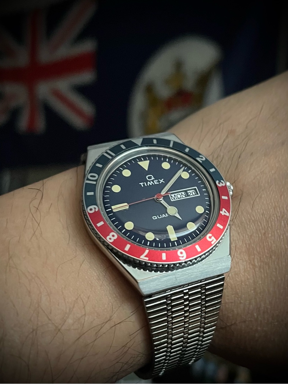 Timex Men’s Watch Red and Blue Bezel with Silver Bracelet